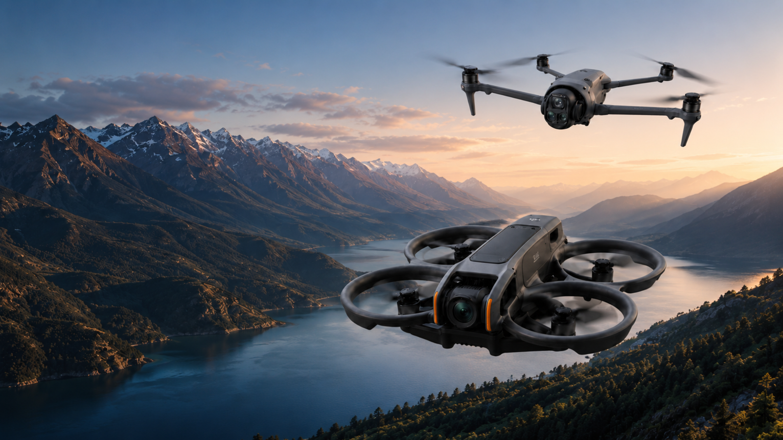 DJI Mavic 4 Pro ir DJI Avata 2 kalnų fone